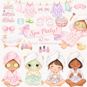 Könnte beinhalten: Aquarell-Illustration zum Thema Spa-Party. Das Bild zeigt Bademäntel, Hausschuhe, Nagellack und eine Badewanne. Der Text "Spa Party!" wird auf einem Banner zusammen mit der Nummer "42 Dateien" angezeigt.