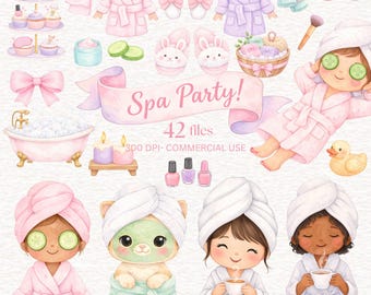 Spa Day Clipart, Sleepover Slumber, Spa Party Image, Cute Girls Spa Png,  Beauty Spa , Self Care Clipart, Pamper party, Pajama party clipart