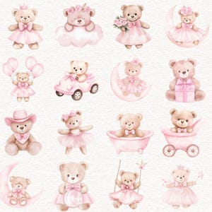 Puede incluir: Colecci&oacute;n de ilustraciones en acuarela con osos de peluche en varias poses y atuendos. Los osos son principalmente en tonos rosa y marr&oacute;n, con vestidos, sombreros y accesorios. Algunos osos sostienen globos, flores o regalos.