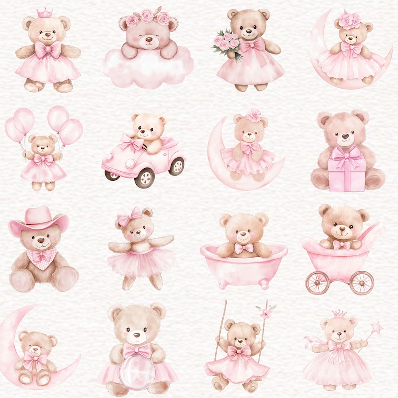 Puede incluir: Colecci&oacute;n de ilustraciones en acuarela con osos de peluche en varias poses y atuendos. Los osos son principalmente en tonos rosa y marr&oacute;n, con vestidos, sombreros y accesorios. Algunos osos sostienen globos, flores o regalos.