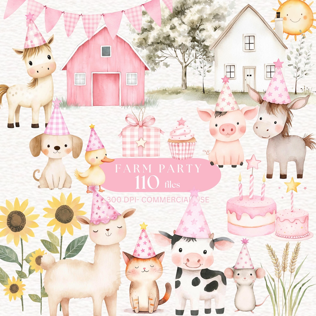 Watercolor Pink Farm Animals Clipart Cute Farm Party Clipart Animal ...