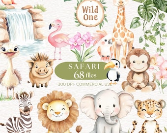 Watercolor Safari Clipart, Cute Animals Clipart, Forest Animal Clipart Jungle Animals Clipart, Baby Shower Wild One Clipart Digital Download