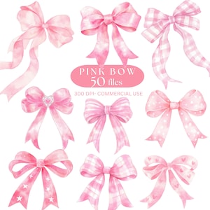 以下が含まれることがあります： さまざまなデザインの9つのピンクのリボンを描いた水彩イラスト。水玉模様、ギンガムチェック、星のアクセントが付いたリボンもあります。「PINK BOW 50 FILES」の文字がピンクの楕円に表示されています。