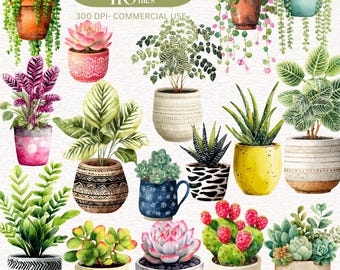 Imágenes prediseñadas de plantas de interior en acuarela. Planta de interior, ilustración de planta en maceta, vegetación, gráfico botánico, suculenta, cactus, follaje tropical.