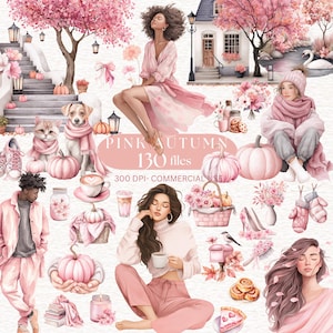 May include: A digital art collage with a pink autumn theme. The image features illustrations of people, animals, pumpkins, and floral arrangements. Text on the image reads "PINK AUTUMN 130 files" and "300 DPI- COMMERCIAL USE".