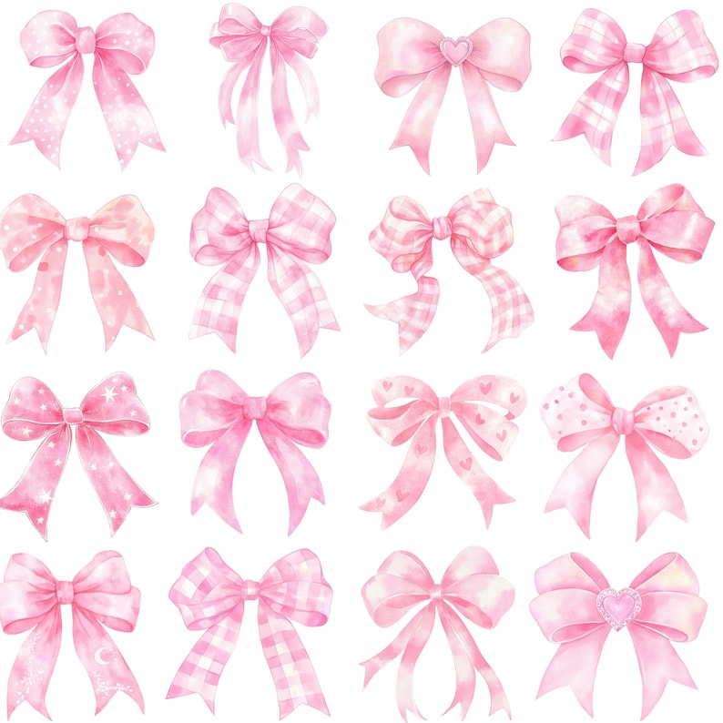 Pu&ograve; includere: Illustrazione ad acquerello di sedici fiocchi rosa in vari design. Alcuni fiocchi presentano pois, cuori e motivi a quadretti. I fiocchi sono annodati in diversi stili, con lunghi nastri fluenti. I fiocchi sono tutti in diverse tonalit&agrave; di rosa.