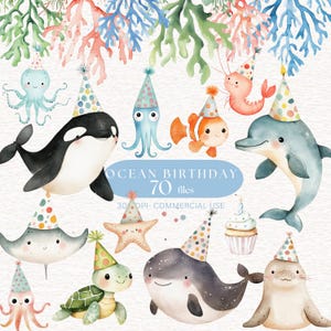 Puede incluir: Ilustración en acuarela con varias criaturas marinas, incluyendo una orca, un pulpo y un delfín, todos con gorros de fiesta. La imagen incluye el texto "OCEAN BIRTHDAY 70 FILES".