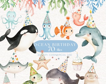 Op de afbeelding: Waterverfillustratie met verschillende zeedieren, waaronder een orka, een octopus en een dolfijn, die allemaal feesthoedjes dragen. De afbeelding bevat de tekst "OCEAN BIRTHDAY 70 FILES".