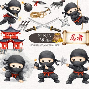 Puede incluir: Ilustraciones en acuarela con temática ninja. La imagen incluye figuras de ninja, armas como espadas y shurikens, un edificio tradicional japonés y el texto "NINJA 38 files".