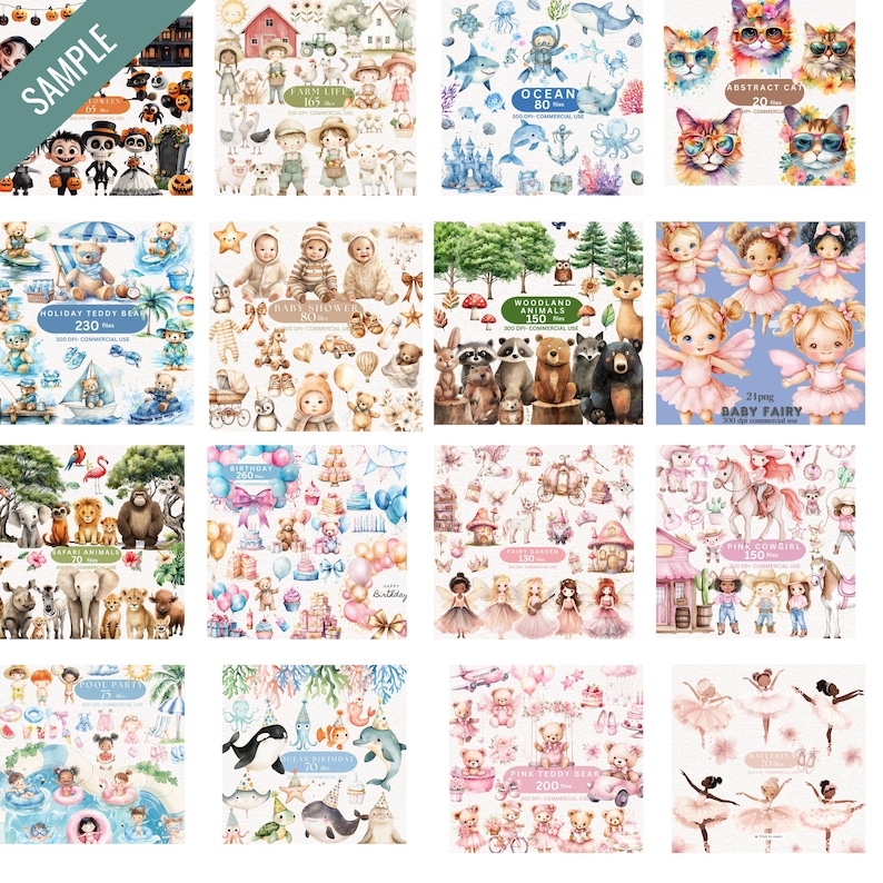May include: A collection of watercolor illustrations featuring various themes. Includes images of cats, fairies, woodland animals, ocean creatures, teddy bears, and other elements. The images are in a variety of colors, including blue, pink, and brown.