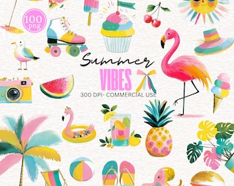 Summer Clipart Bundle Watercolor Vintage Summer Clip art Pool Party Summer Vibes PNG Beach Clipart Commercial Use Holiday Vacation Clipart