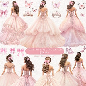 70 Rosa Quinceanera Clipart, rosa Ball rosa Prinzessin Clipart, rosa Schmetterling Clipart, Bogen Clipart, Einladungselemente Quinceanera PNG