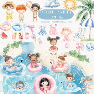 May include: Watercolor illustration with the text "POOL PARTY" and "75 files". The image features children, pool floats, swimwear, and summer treats. Includes a sun, palm tree, and beach chair.