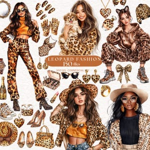 May include: Digital illustration featuring various leopard print fashion items and accessories. Includes clothing, shoes, handbags, jewelry, and cosmetics. The text "LEOPARD FASHION 150 FILES" is displayed. The image has a watercolor style.