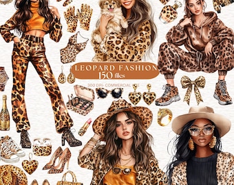 Clipart con stampa leopardata, grafica PNG per ragazze alla moda, acquerello, fashionista, ragazza chic, planner, PNG, download digitale, bellissime clip art di donne