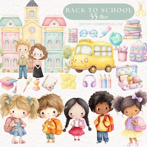 Può includere: Illustrazione ad acquerello con il testo "BACK TO SCHOOL" con edifici scolastici, un autobus scolastico giallo, bambini e materiale scolastico come matite, libri e zaini. L'immagine è in uno stile carino e cartone animato.