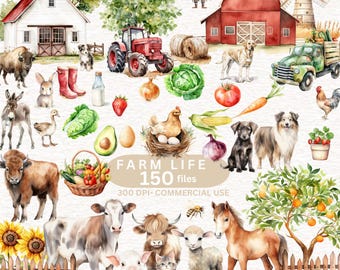 150 Watercolor Farm Life Clipart, Cute Farm Clipart, Farm Animal Clipart, Rustic Farm, Horse, Pig, Cow, Baby Animals Clipart , Barn Clipart