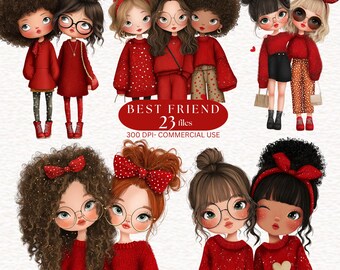 Quirky Best Friend Clipart Besties PNG BFF Image Soul Sisters Storybook Watercolor cute girl Junk Journal Blue Scrapbooking red outfit girl