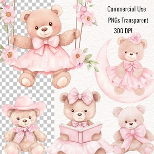 Puede incluir: Ilustraciones de ositos de peluche en acuarela. Los osos visten vestidos y lazos rosas. Algunos est&aacute;n en columpios, leyendo libros o sentados en una luna creciente. El texto dice: Commercial Use PNGs Transparent 300 DPI.