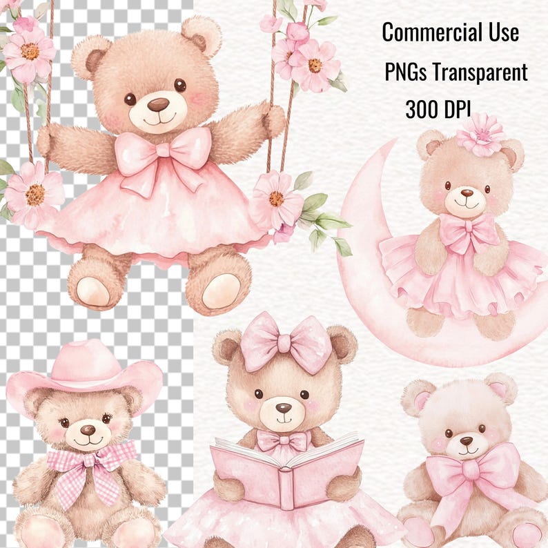 Puede incluir: Ilustraciones de ositos de peluche en acuarela. Los osos visten vestidos y lazos rosas. Algunos est&aacute;n en columpios, leyendo libros o sentados en una luna creciente. El texto dice: Commercial Use PNGs Transparent 300 DPI.