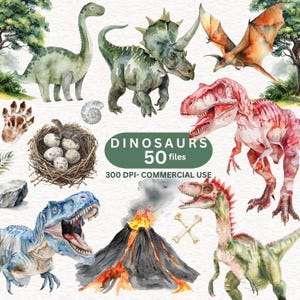 50 Clipart de dinossauro em aquarela, clipart de T-Rex, clipart de berçário de dinossauro, clipart de chá de bebê de dinossauro fofo, decoração de festa de aniversário de dinossauro, PNG