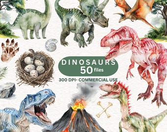 May include: Watercolor illustrations of various dinosaurs, including a green triceratops, a red Tyrannosaurus Rex, a blue dinosaur with a long neck, and a green pterodactyl. The illustrations are set against a white background with a green and white text box that reads "Dinosaurs 50 files 300 DPI - Commercial Use".