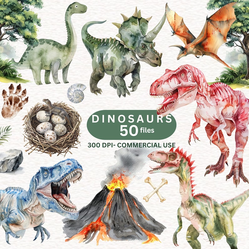 50 Watercolor Dinosaur Clipart, T-rex Clipart, Dinosaur Nursery Clipart ...
