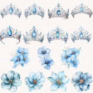 May include: Watercolor illustration featuring several tiaras with blue gemstones and delicate floral arrangements in shades of blue. The tiaras have intricate silver designs, and the flowers have gold accents.