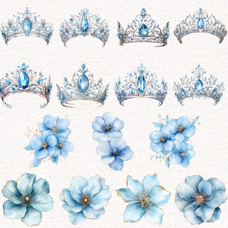 May include: Watercolor illustration featuring several tiaras with blue gemstones and delicate floral arrangements in shades of blue. The tiaras have intricate silver designs, and the flowers have gold accents.