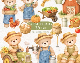 Watercolor Farm Teddy  BEAR Clipart Cute Farm Life png, Chicken Baby Animals Clipart  Barn Clipart Png