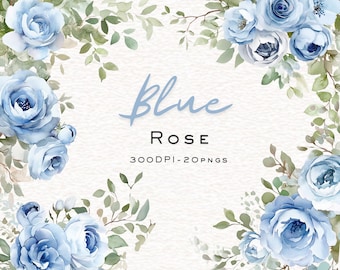 Watercolor Dusty Blue Roses Clipart, Blue Floral PNG, Wedding Roses, Blue Rose Border image, Blue Rose Corners,  Roses Bouquet Wreath