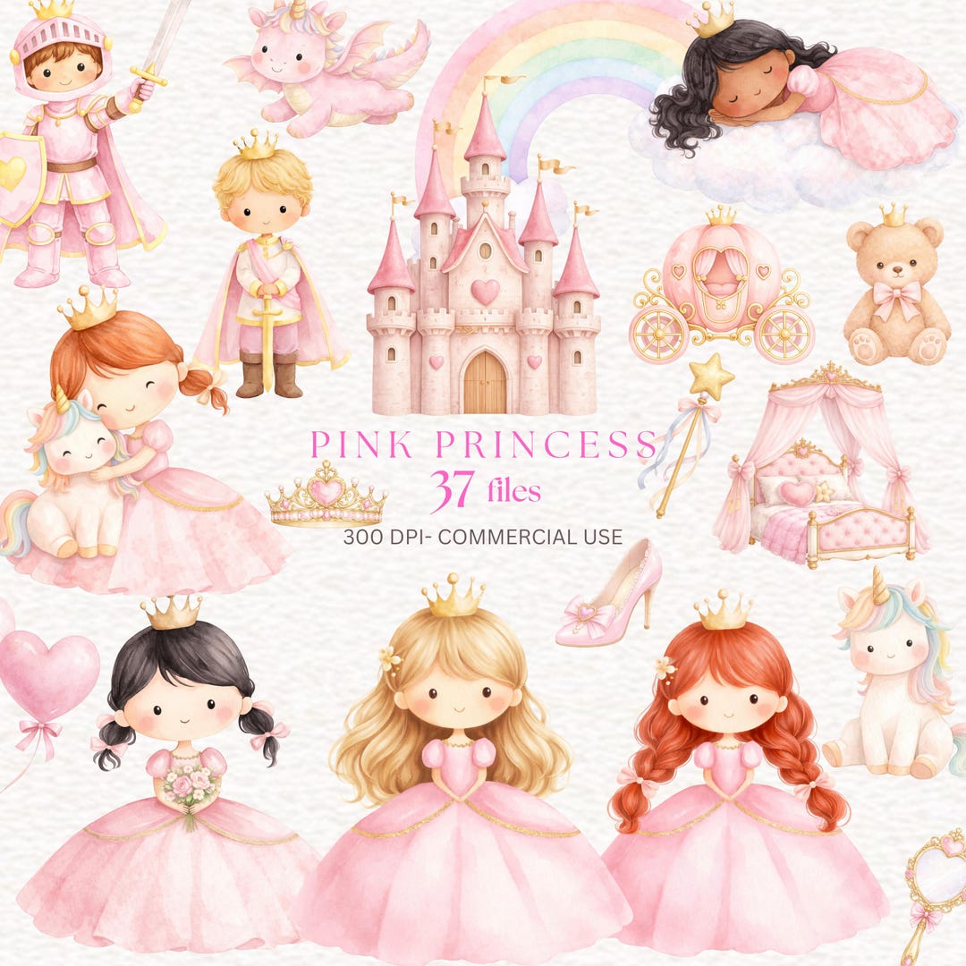 Watercolor Pink Princess Clipart, Pink Gold Royal Clipart Unicorn Pony ...