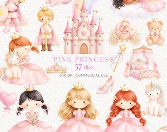 Aquarell Rosa Prinzessin Clipart, Rosa Gold Royal Clipart Einhorn Pony Bild, Fantasy Prinzessin PNG, Märchen-Baby-Prinzessin Geburtstag