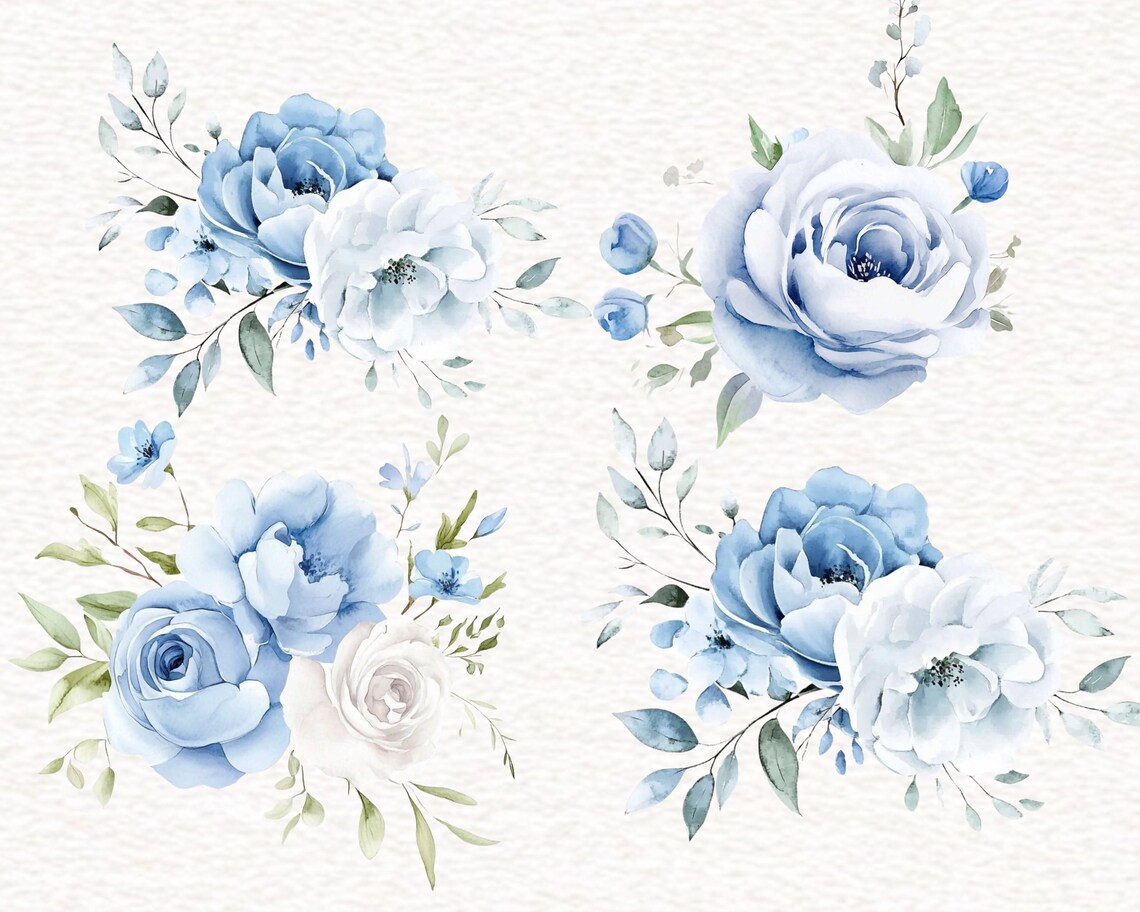 Watercolor Dusty Blue Roses Clipart, Blue Floral PNG, Wedding Roses ...