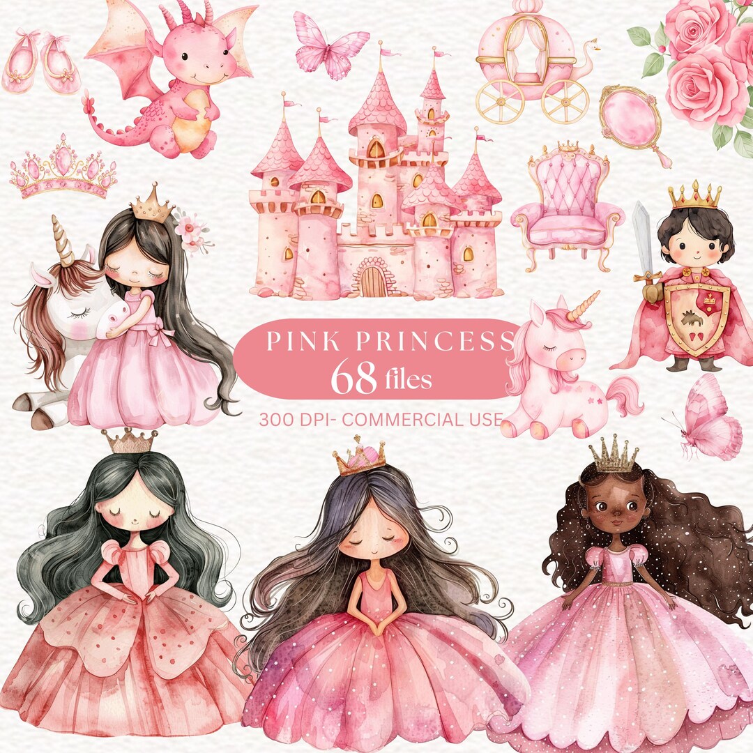 Watercolor Pink Princess Clipart, Pink Royal Clipart Unicorn Pony ...