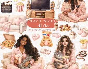 Watercolor Movie Night Clipart, Romantic Cinema Time PNG, Movie Day Clipart, Home Pajama Party image , Popcorn, Pizza, Cozy Home , Relax Day