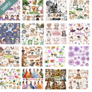 May include: A collection of digital illustrations featuring various themes. Includes princesses, safari animals, space, dinosaurs, ballerinas, cowboys, farm animals, summer vibes, and floral designs. Each set is labeled with a title and a number.