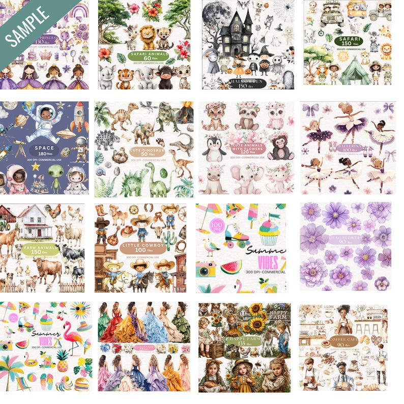 May include: A collection of digital illustrations featuring various themes. Includes princesses, safari animals, space, dinosaurs, ballerinas, cowboys, farm animals, summer vibes, and floral designs. Each set is labeled with a title and a number.