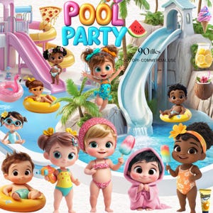 May include: A vibrant digital illustration with the words "Pool Party" in colorful letters. The image features cartoon children in swimsuits, a water slide, inflatable pool toys, and food items like pizza and watermelon, creating a fun, summery scene.