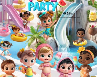 2D Pool Party Clipart Beech Summer Kids Cocktails Floaties Nursery Watercolor Clip art Cute Party Invitation Kid's Birthday swimming Png