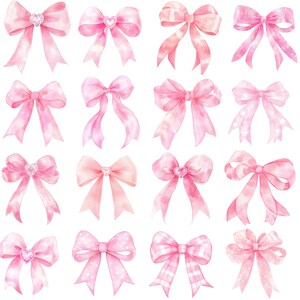 Pu&ograve; includere: Illustrazione ad acquerello di sedici fiocchi rosa in vari stili. Alcuni fiocchi presentano abbellimenti a forma di cuore o motivi a pois. I fiocchi sono in tonalit&agrave; di rosa, da chiaro a scuro, con un morbido effetto acquerello artistico.