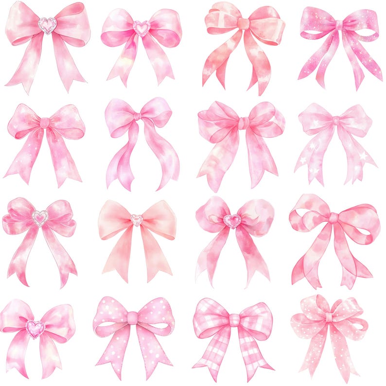 Pu&ograve; includere: Illustrazione ad acquerello di sedici fiocchi rosa in vari stili. Alcuni fiocchi presentano abbellimenti a forma di cuore o motivi a pois. I fiocchi sono in tonalit&agrave; di rosa, da chiaro a scuro, con un morbido effetto acquerello artistico.