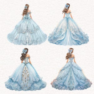 May include: Four watercolor illustrations of women in light blue ball gowns. Each gown features intricate details, including lace, bows, and decorative patterns. The women have brown hair and wear blue bows. The gowns are designed with off-the-shoulder necklines.