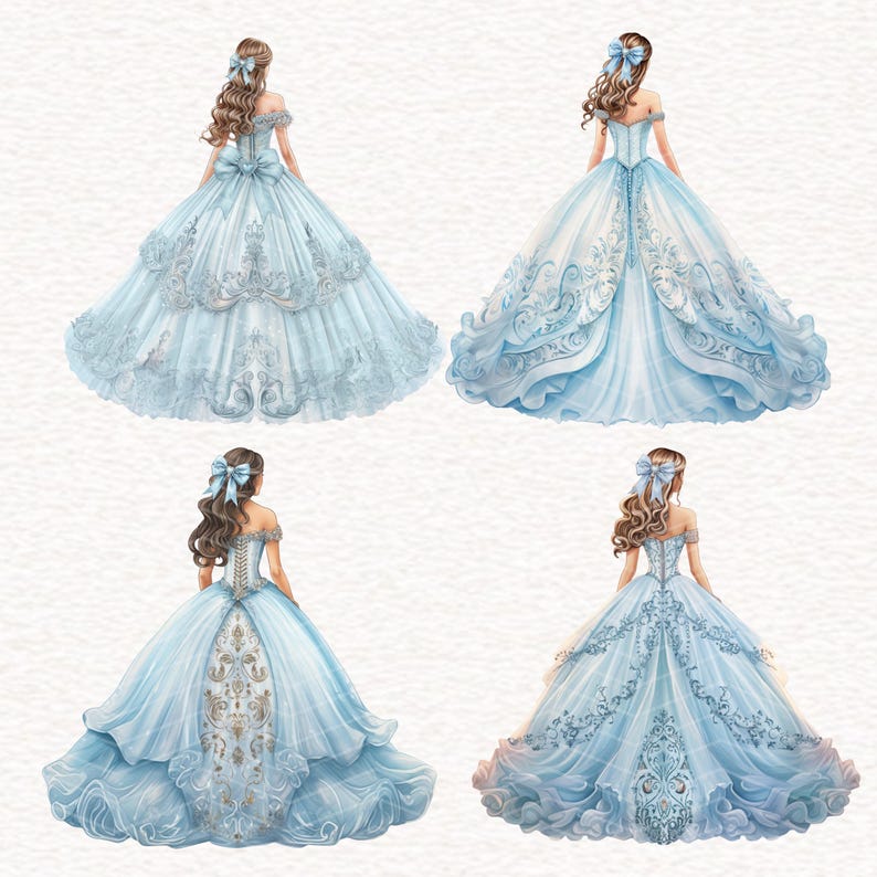 May include: Four watercolor illustrations of women in light blue ball gowns. Each gown features intricate details, including lace, bows, and decorative patterns. The women have brown hair and wear blue bows. The gowns are designed with off-the-shoulder necklines.