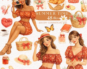Summer Picnic Time Clipart Watercolor Summer Girl PNG, Spring Girl image, Summer Dress, vacation holiday design