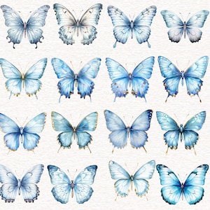May include: A collection of sixteen watercolor butterfly illustrations in various shades of blue. The butterflies have detailed wing patterns and are arranged on a white background. Some butterflies have gold accents.