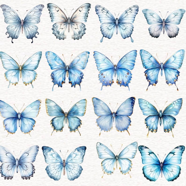 May include: A collection of sixteen watercolor butterfly illustrations in various shades of blue. The butterflies have detailed wing patterns and are arranged on a white background. Some butterflies have gold accents.