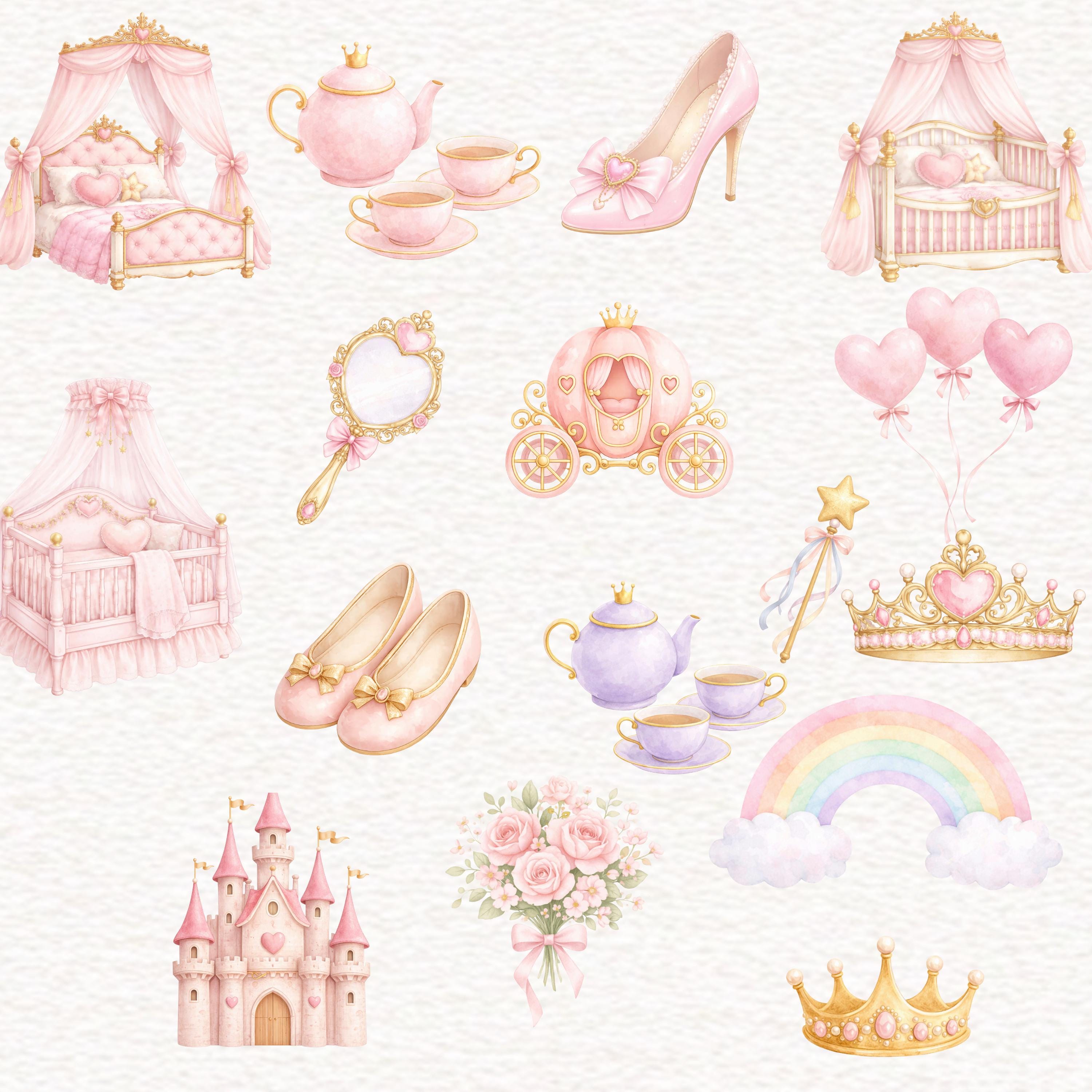 Watercolor Pink Princess Clipart, Pink Gold Royal Clipart Unicorn Pony ...