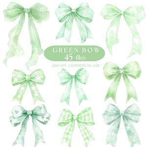 Könnte beinhalten: Eine Sammlung von neun grünen Schleifen im Aquarellstil mit unterschiedlichen Designs. Einige Schleifen weisen Stern- und Herzmuster auf, während andere kariert oder einfarbig sind. Der Text "GREEN BOW 45 FILES" und "300 DPI- COMMERCIAL USE" ist enthalten.