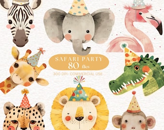 Pode incluir: Ilustrações em aquarela de animais da selva usando chapéus de festa. A imagem inclui uma zebra, um elefante, um flamingo, uma girafa, um crocodilo, uma chita, um leão e um macaco. O texto "SAFARI PARTY 80 files" também está incluído.